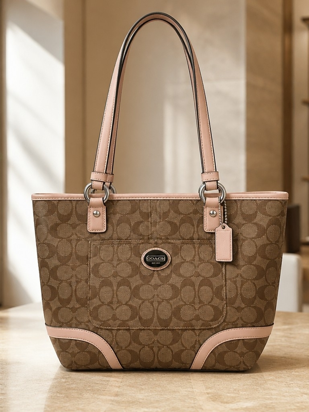 COACH Peyton Signature Heritage Tote Timeless Khaki/Tan